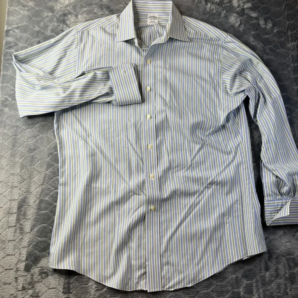 Brooks Brothers Button Down Men 16-33 Blue Green Striped Slim Fit Cotton - Picture 3 of 9